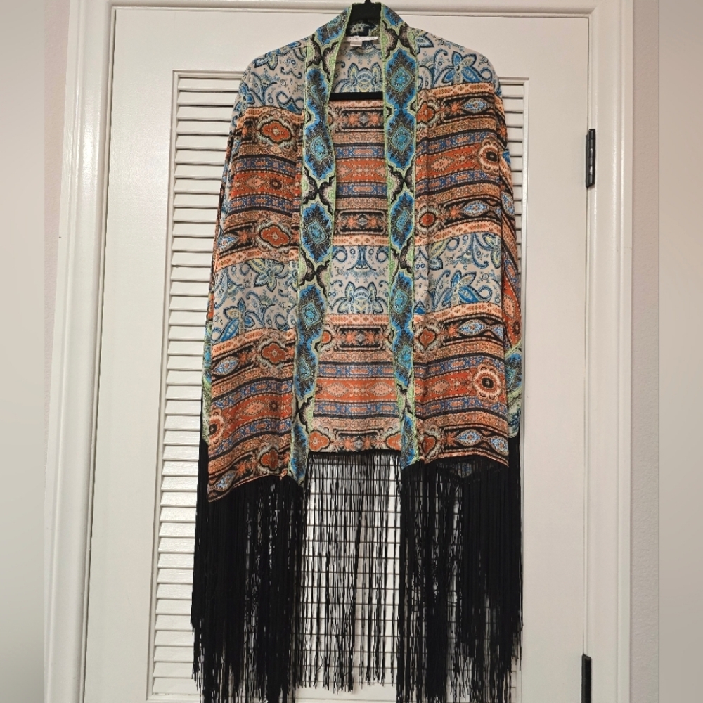 Boston Proper - Long-Sleeve Bohemian Artsy Open Mosaic Kimono Cardigan
